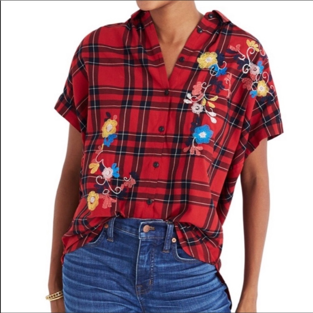 Madewell Embroidered Plaid Top
